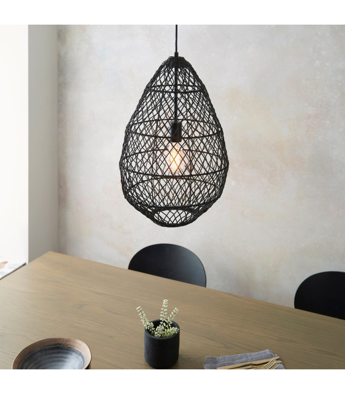 Pimva Wire Frame Pendant Ceiling Light Black Rattan, Matt Black, 1x E27