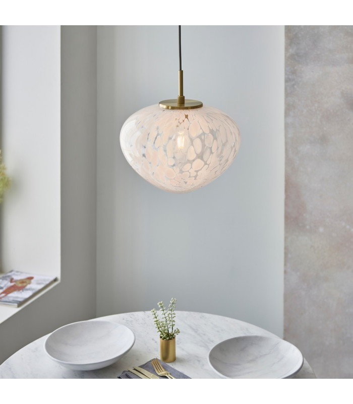 Mali Globe Pendant Ceiling Light Satin Brass Plate, White Confetti Glass, 1x E27