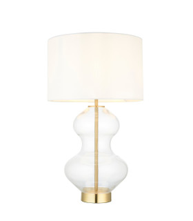 Kelda Shaped Table Lamp with Round Shade Satin Brass Plate, Clear Glass With Vintage White Fabric, 1x E27