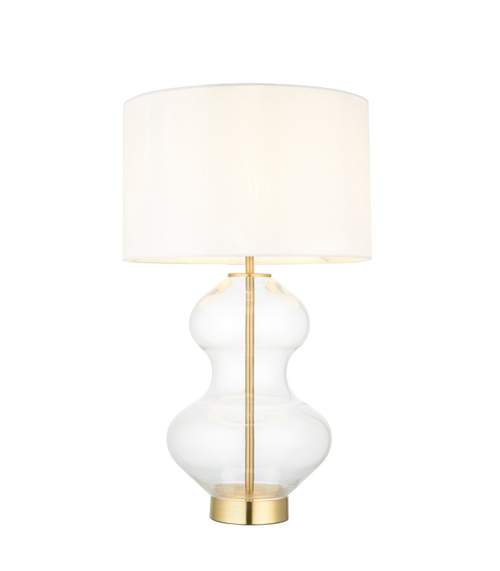 Kelda Shaped Table Lamp with Round Shade Satin Brass Plate, Clear Glass With Vintage White Fabric, 1x E27