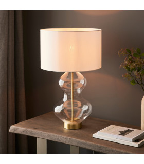 Kelda Shaped Table Lamp with Round Shade Satin Brass Plate, Clear Glass With Vintage White Fabric, 1x E27