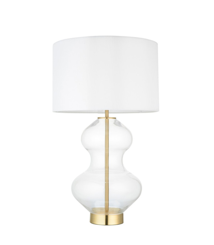 Kelda Shaped Table Lamp with Round Shade Satin Brass Plate, Clear Glass With Vintage White Fabric, 1x E27