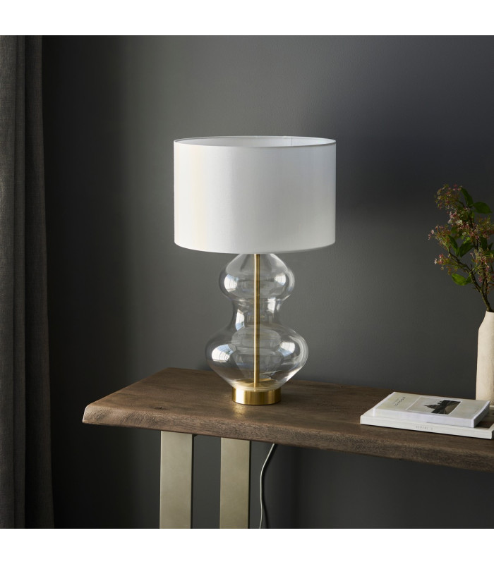 Kelda Shaped Table Lamp with Round Shade Satin Brass Plate, Clear Glass With Vintage White Fabric, 1x E27