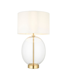 Kelda Oval Table Lamp with Round Shade Satin Brass Plate, Clear Glass With Vintage White Fabric, 1x E27
