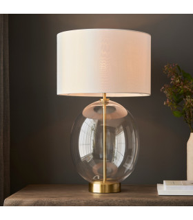 Kelda Oval Table Lamp with Round Shade Satin Brass Plate, Clear Glass With Vintage White Fabric, 1x E27