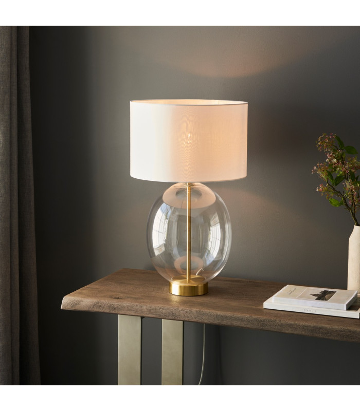 Kelda Oval Table Lamp with Round Shade Satin Brass Plate, Clear Glass With Vintage White Fabric, 1x E27