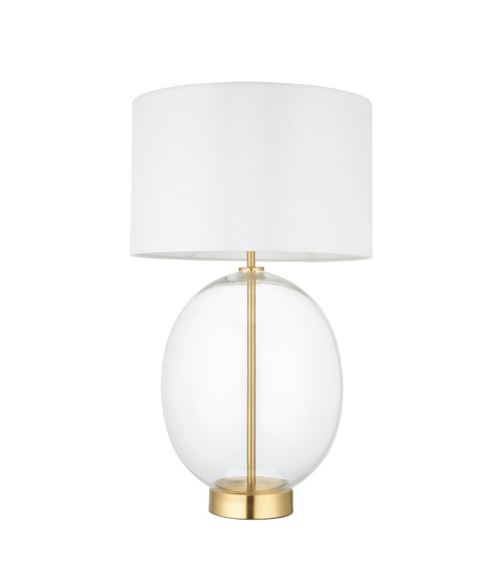 Kelda Oval Table Lamp with Round Shade Satin Brass Plate, Clear Glass With Vintage White Fabric, 1x E27