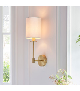 Sancerre Wall Lamp with Shade Satin Brass Plate, Vintage White Fabric, 1x E14