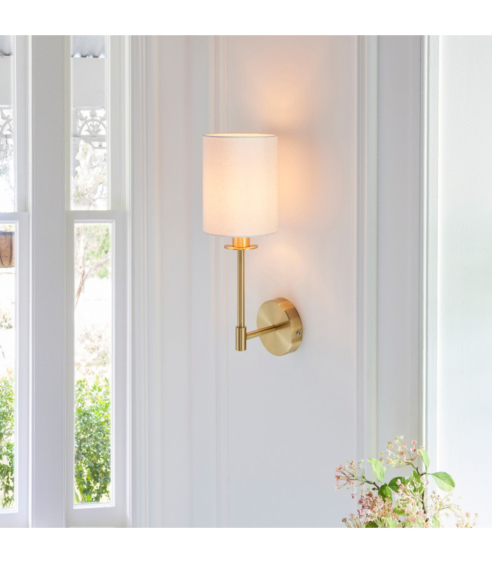 Sancerre Wall Lamp with Shade Satin Brass Plate, Vintage White Fabric, 1x E14