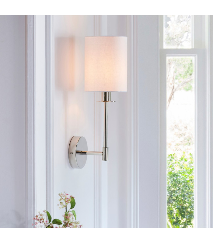 Sancerre Wall Lamp with Shade Bright Nickel Plate, Vintage White Fabric, 1x E14