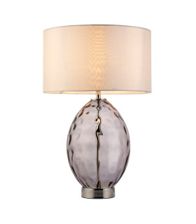 Elin Dimple Table Lamp with Round Shade Grey Tinted Glass, Bright Nickel Plate With Vintage White Fabric, 1x E27