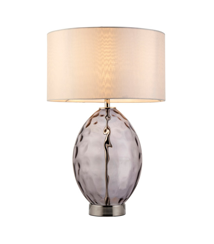 Elin Dimple Table Lamp with Round Shade Grey Tinted Glass, Bright Nickel Plate With Vintage White Fabric, 1x E27