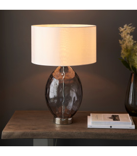 Elin Dimple Table Lamp with Round Shade Grey Tinted Glass, Bright Nickel Plate With Vintage White Fabric, 1x E27