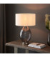 Elin Dimple Table Lamp with Round Shade Grey Tinted Glass, Bright Nickel Plate With Vintage White Fabric, 1x E27