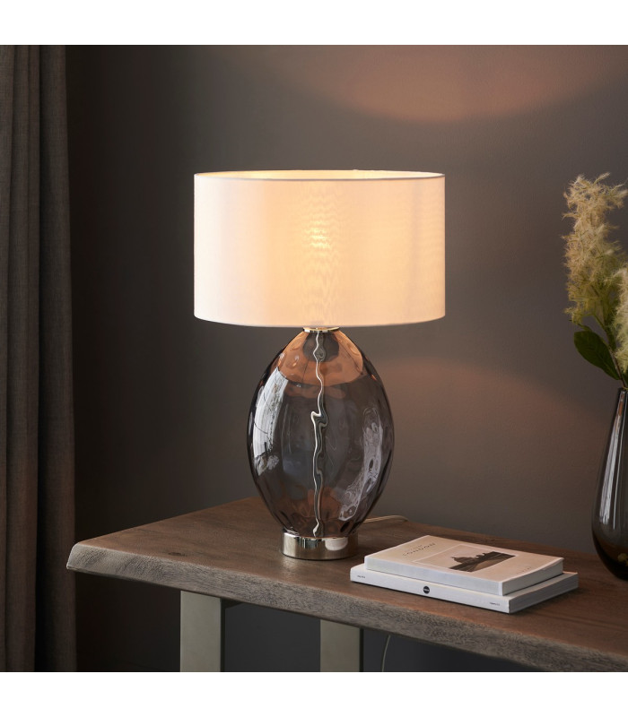 Elin Dimple Table Lamp with Round Shade Grey Tinted Glass, Bright Nickel Plate With Vintage White Fabric, 1x E27