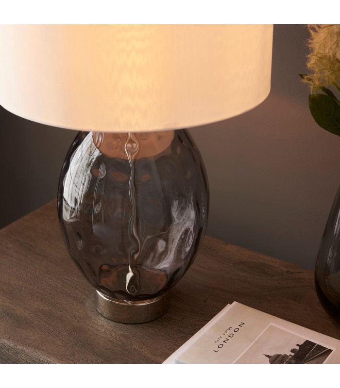 Elin Dimple Table Lamp with Round Shade Grey Tinted Glass, Bright Nickel Plate With Vintage White Fabric, 1x E27