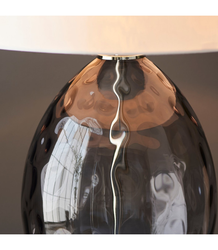 Elin Dimple Table Lamp with Round Shade Grey Tinted Glass, Bright Nickel Plate With Vintage White Fabric, 1x E27