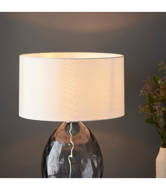 Elin Dimple Table Lamp with Round Shade Grey Tinted Glass, Bright Nickel Plate With Vintage White Fabric, 1x E27