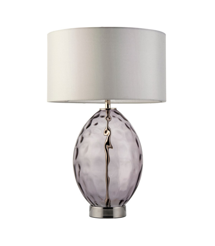 Elin Dimple Table Lamp with Round Shade Grey Tinted Glass, Bright Nickel Plate With Vintage White Fabric, 1x E27