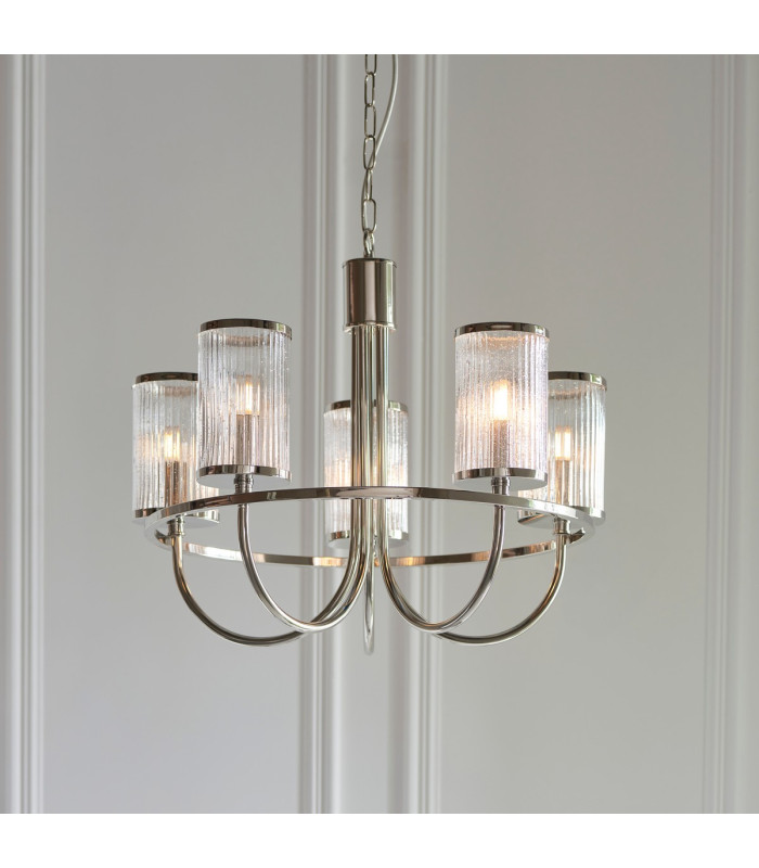 Henbury Multi Arm Pendant Ceiling Light Bright Nickel Plate, Ribbed Bubble Glass, 5x E14