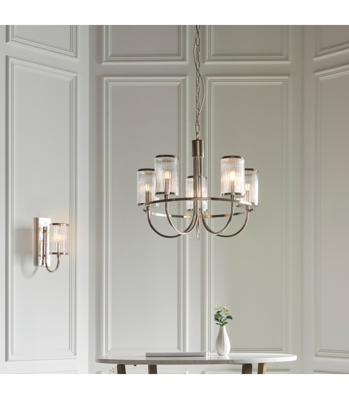 Henbury Multi Arm Pendant Ceiling Light Bright Nickel Plate, Ribbed Bubble Glass, 5x E14