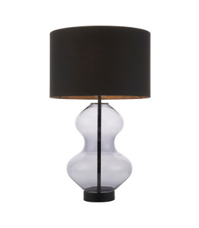 Kelda Shaped Table Lamp with Round Shade Grey Tinted Glass, Black Cotton Fabric With Matt Black Paint, 1x E27