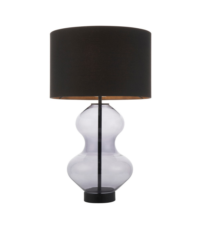 Kelda Shaped Table Lamp with Round Shade Grey Tinted Glass, Black Cotton Fabric With Matt Black Paint, 1x E27
