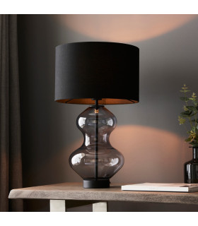Kelda Shaped Table Lamp with Round Shade Grey Tinted Glass, Black Cotton Fabric With Matt Black Paint, 1x E27