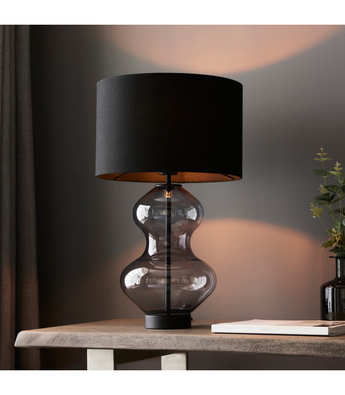 Kelda Shaped Table Lamp with Round Shade Grey Tinted Glass, Black Cotton Fabric With Matt Black Paint, 1x E27