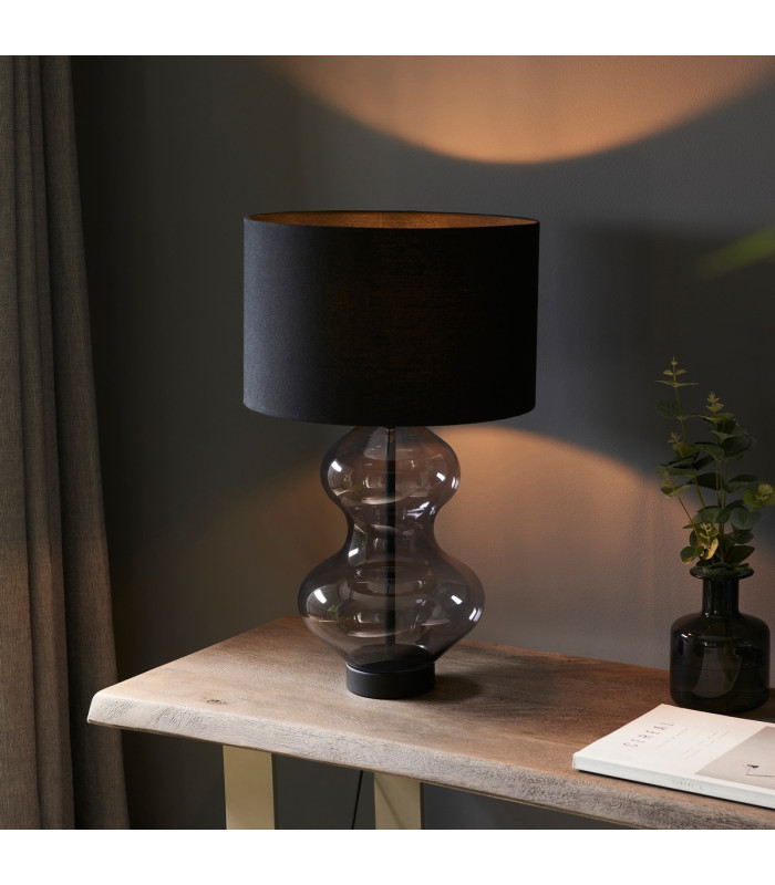 Kelda Shaped Table Lamp with Round Shade Grey Tinted Glass, Black Cotton Fabric With Matt Black Paint, 1x E27