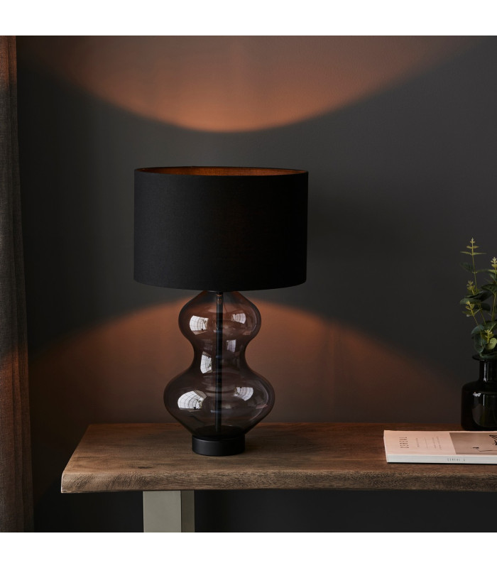 Kelda Shaped Table Lamp with Round Shade Grey Tinted Glass, Black Cotton Fabric With Matt Black Paint, 1x E27