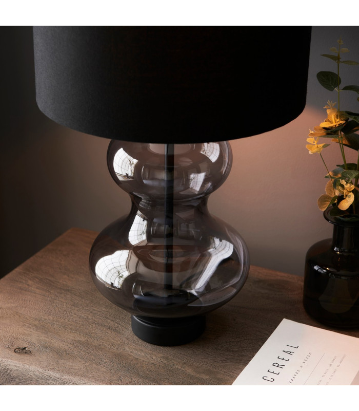 Kelda Shaped Table Lamp with Round Shade Grey Tinted Glass, Black Cotton Fabric With Matt Black Paint, 1x E27