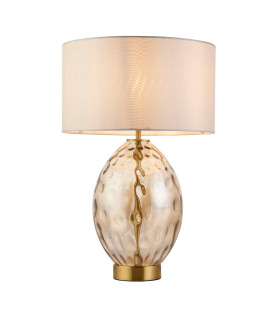 Elin Dimple Table Lamp with Round Shade Champagne Lustre Glass, Satin Brass Plate With Vintage White Fabric, 1x E27