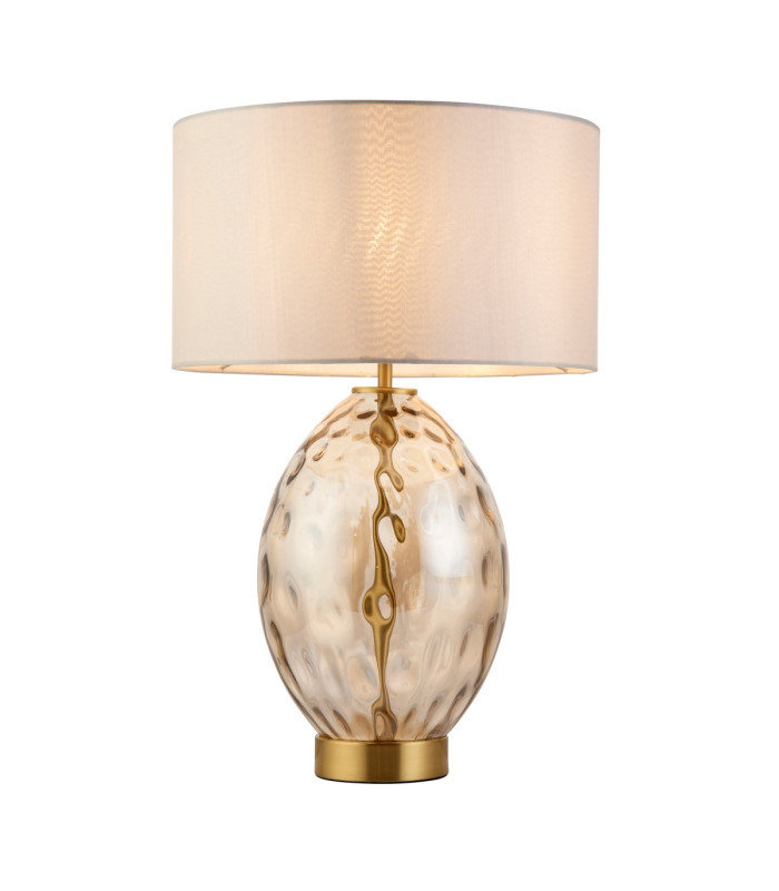 Elin Dimple Table Lamp with Round Shade Champagne Lustre Glass, Satin Brass Plate With Vintage White Fabric, 1x E27