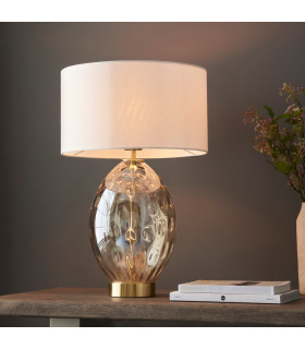 Elin Dimple Table Lamp with Round Shade Champagne Lustre Glass, Satin Brass Plate With Vintage White Fabric, 1x E27