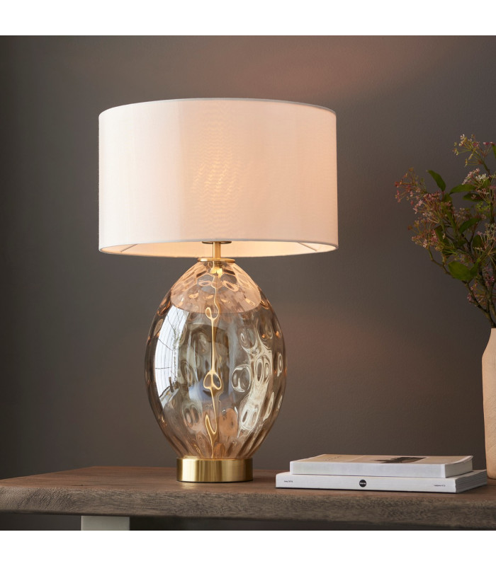 Elin Dimple Table Lamp with Round Shade Champagne Lustre Glass, Satin Brass Plate With Vintage White Fabric, 1x E27