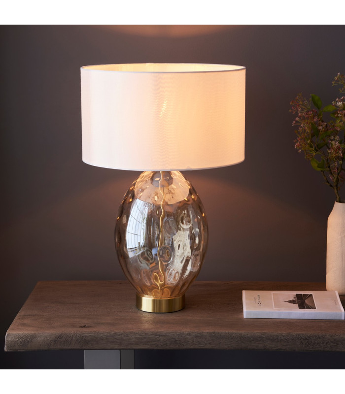Elin Dimple Table Lamp with Round Shade Champagne Lustre Glass, Satin Brass Plate With Vintage White Fabric, 1x E27