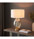 Elin Dimple Table Lamp with Round Shade Champagne Lustre Glass, Satin Brass Plate With Vintage White Fabric, 1x E27