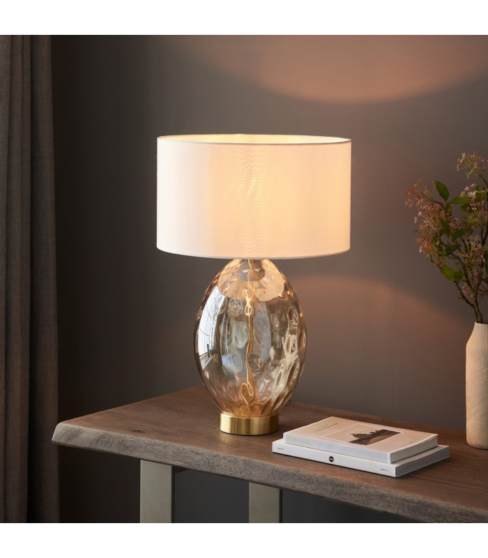 Elin Dimple Table Lamp with Round Shade Champagne Lustre Glass, Satin Brass Plate With Vintage White Fabric, 1x E27