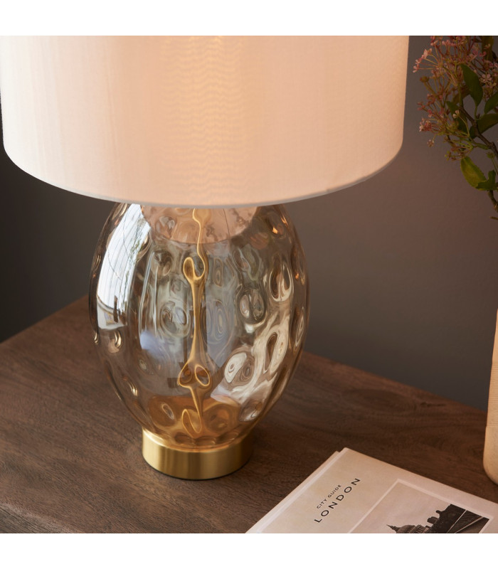 Elin Dimple Table Lamp with Round Shade Champagne Lustre Glass, Satin Brass Plate With Vintage White Fabric, 1x E27