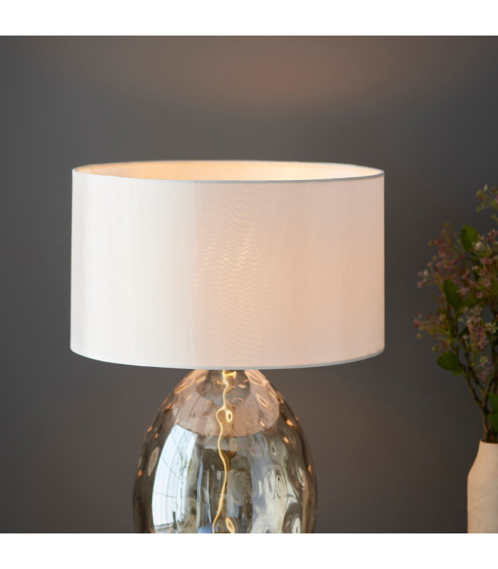 Elin Dimple Table Lamp with Round Shade Champagne Lustre Glass, Satin Brass Plate With Vintage White Fabric, 1x E27