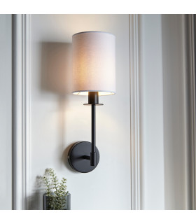 Sancerre Wall Lamp with Shade Matt Black, Vintage White Fabric, 1x E14