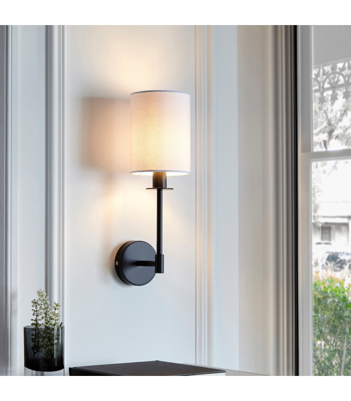 Sancerre Wall Lamp with Shade Matt Black, Vintage White Fabric, 1x E14