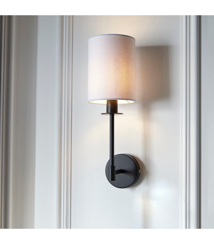 Sancerre Wall Lamp with Shade Matt Black, Vintage White Fabric, 1x E14