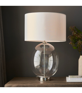 Kelda Oval Table Lamp with Round Shade Bright Nickel Plate, Clear Glass With Vintage White Fabric, 1x E27