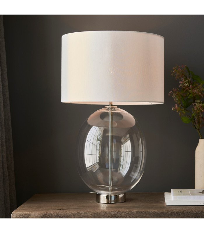 Kelda Oval Table Lamp with Round Shade Bright Nickel Plate, Clear Glass With Vintage White Fabric, 1x E27