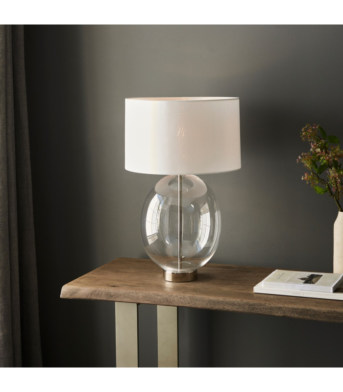 Kelda Oval Table Lamp with Round Shade Bright Nickel Plate, Clear Glass With Vintage White Fabric, 1x E27