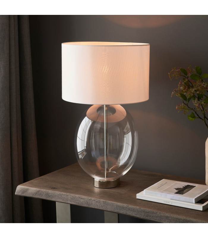 Kelda Oval Table Lamp with Round Shade Bright Nickel Plate, Clear Glass With Vintage White Fabric, 1x E27