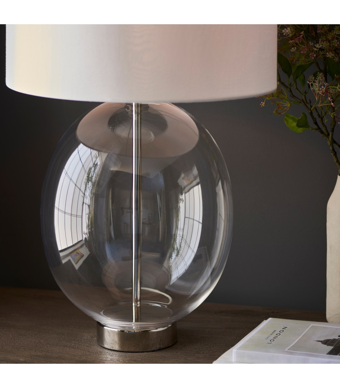 Kelda Oval Table Lamp with Round Shade Bright Nickel Plate, Clear Glass With Vintage White Fabric, 1x E27