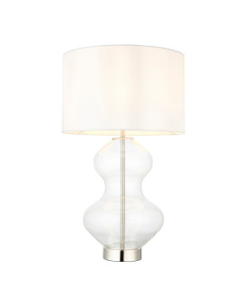 Kelda Shaped Table Lamp with Round Shade Bright Nickel Plate, Clear Glass With Vintage White Fabric, 1x E27